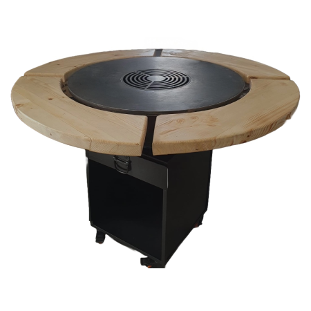 Gratar cu plita rotunda 750 mm, H 900 mm cu blat de lemn, grosime plita 10 mm