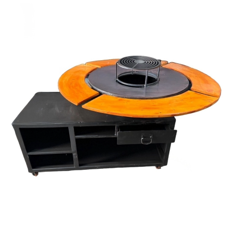 Gratar cu plita rotunda 850 mm, H 950 mm, plita 10mm, masa 600 x 1300,  cu blat de lemn