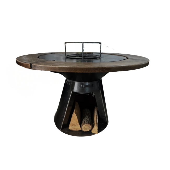 Gratar con cu plita rotunda 1000 mm, H 950 mm cu blat de lemn, grosime plita 10 mm