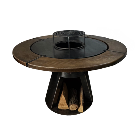 	Gratar con cu plita rotunda 750 mm, H 900 mm cu blat de lemn, grosime plita 10 mm